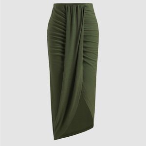 RIB SOLID RUCHED SLIT MIDI SKIRT